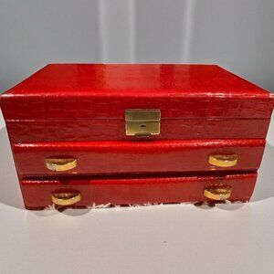 Vintage Lady Buxton Jewelry Box 60-70s Gold Red Velvet Drawer Earrings 3-Tiers